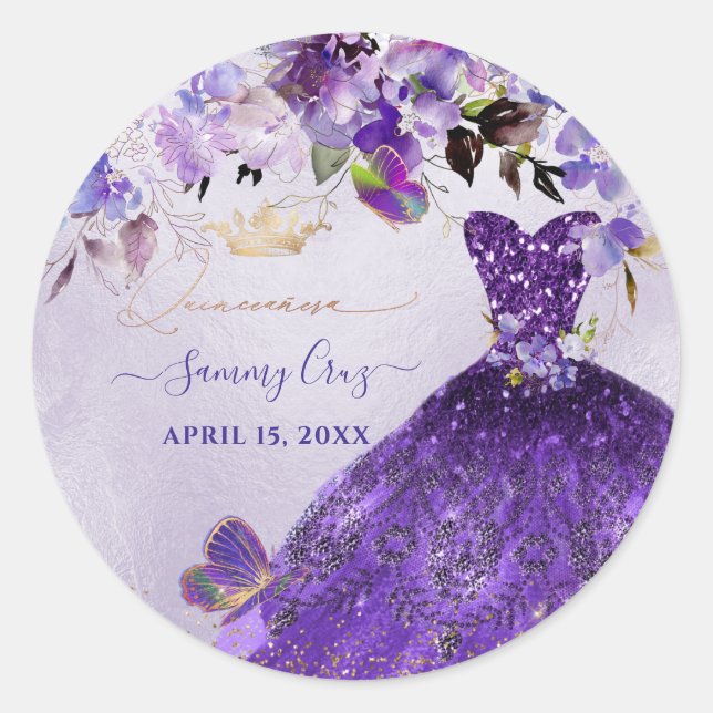 PixDezines Butterflies Quinceanera, Dark Purple In Classic Round Sticker (Front)