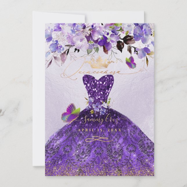 PixDezines Butterflies Quinceanera, Dark Purple In Invitation (Front)