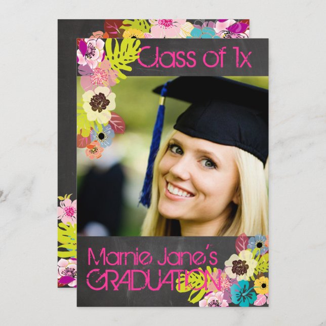 PixDezines chalkboard+floral graduation Invitation (Front/Back)