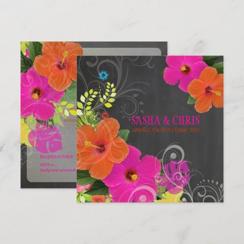 PixDezines hot pink+orange hibiscus+monstera Personalized Invite