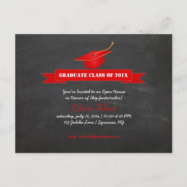 PixDezines chalkboard+red cap graduation Invitation Postcard (Front)