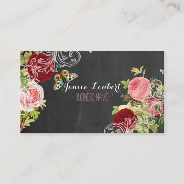 PixDezines Chalkboard/Redoute Vintage Roses Business Card (Front)