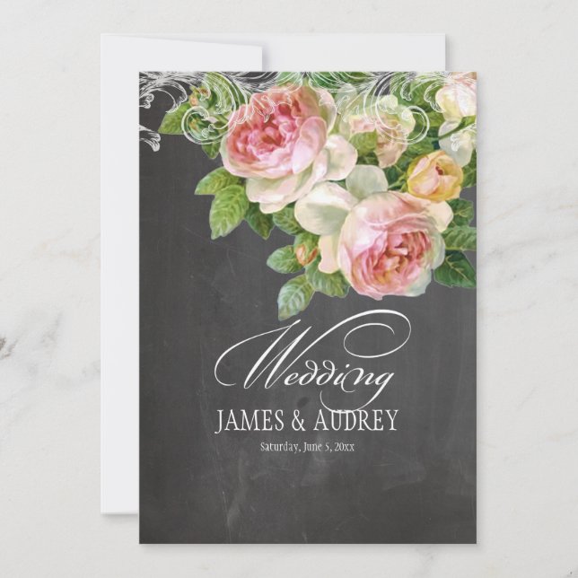 PixDezines chalkboard/rococo/vintage pink roses Invitation (Front)