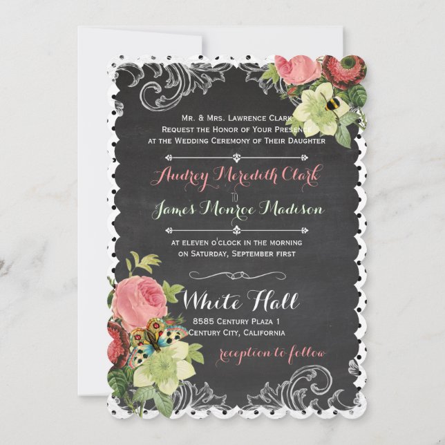 PixDezines chalkboard/rococo/vintage roses Invitation (Back)