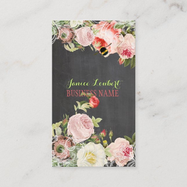 PixDezines Chalkboard+Vintage Peonies Business Card (Front)