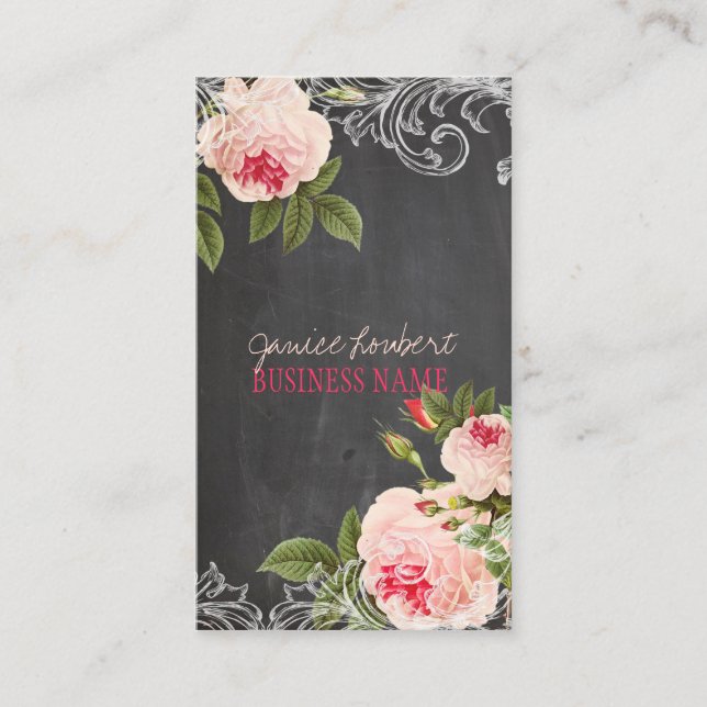 PixDezines Chalkboard+Vintage Roses Business Card (Front)