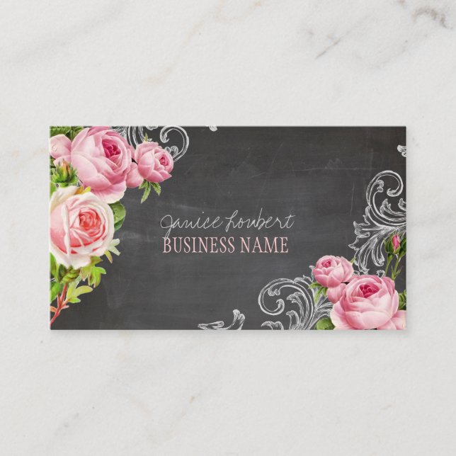 PixDezines Chalkboard+Vintage Roses Business Card (Front)