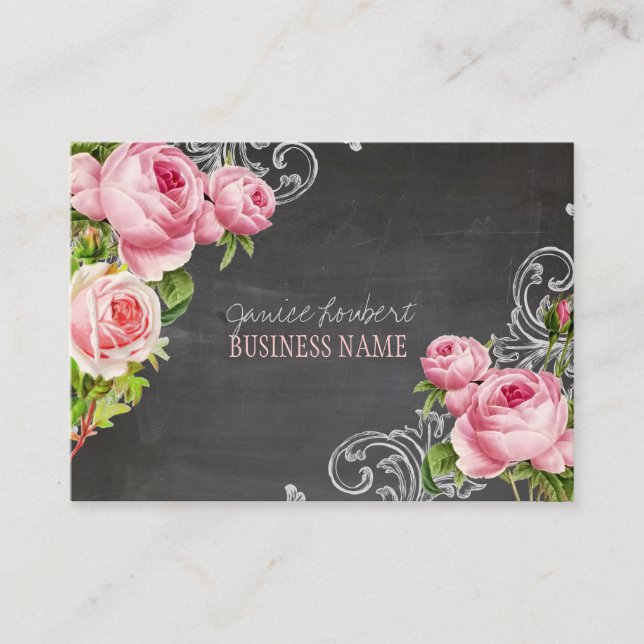 PixDezines Chalkboard+Vintage Roses Business Card (Front)