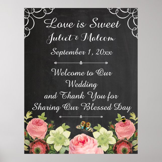 PixDezines chalkboard/vintage roses/wedding Poster (Front)