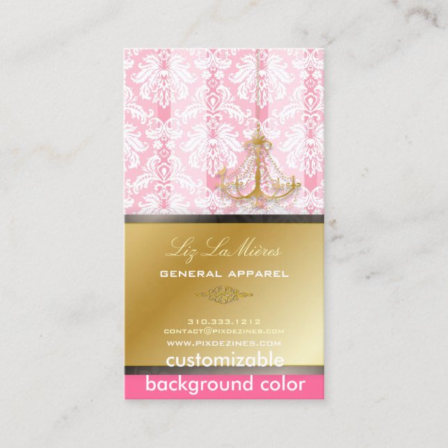 PixDezines Chandelier + Damask/ Fuschia+Gold Lace Business Card (Front)