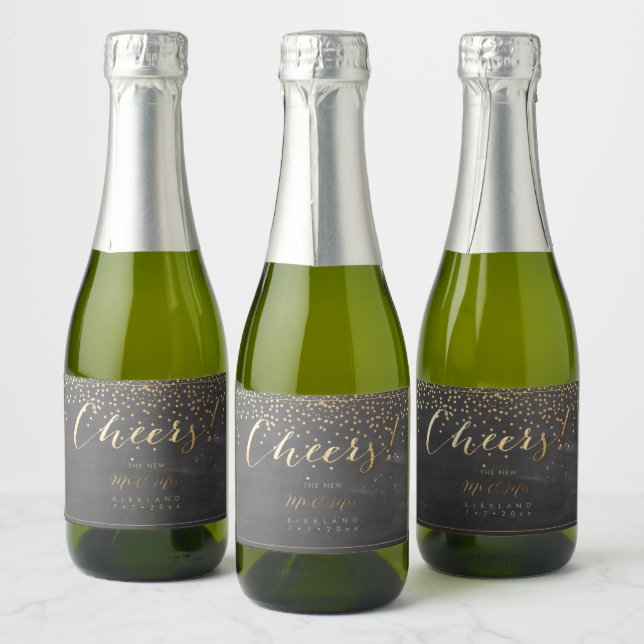 PixDezines Cheers Chalkboard+Faux Gold Confetti Sparkling Wine Label (Bottles)