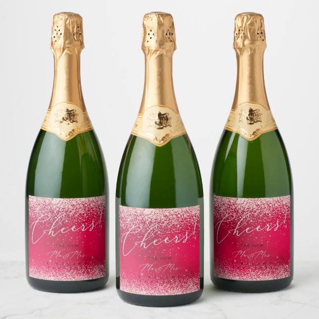 PixDezines Cheers Christmas Red+Glitter Sparkling Wine Label (Bottles)