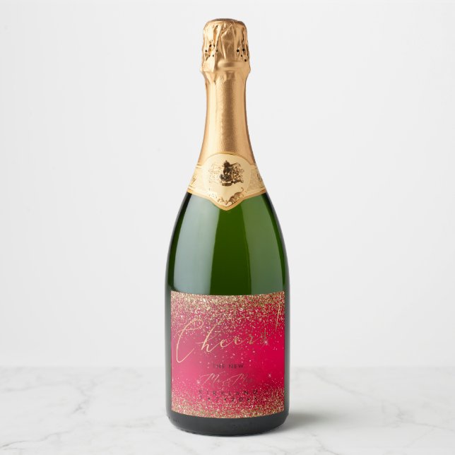PixDezines Cheers Christmas Red+Gold Glitter Sparkling Wine Label (Front)