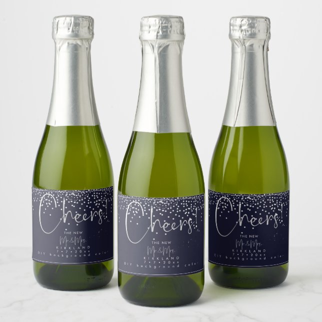 PixDezines Cheers Faux Silver+Navy Blue Sparkling Wine Label (Bottles)