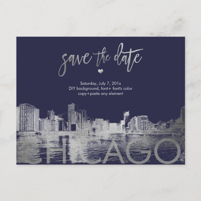 PixDezines/Chicago Save the Date/Faux Silver Announcement Postcard (Front)