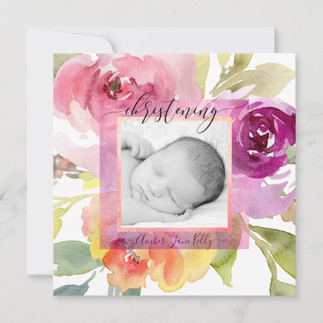 PixDezines Christening Bold Watercolor Flowers Invitation (Front)