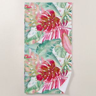 PIXDEZINES CHRISTMAS RED TROPICAL FOLIAGE BEACH TOWEL