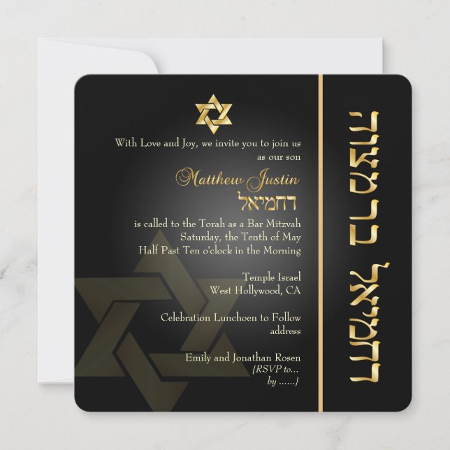 PixDezines Classic Bar Mitzvah/gold+black Invitation (Front)
