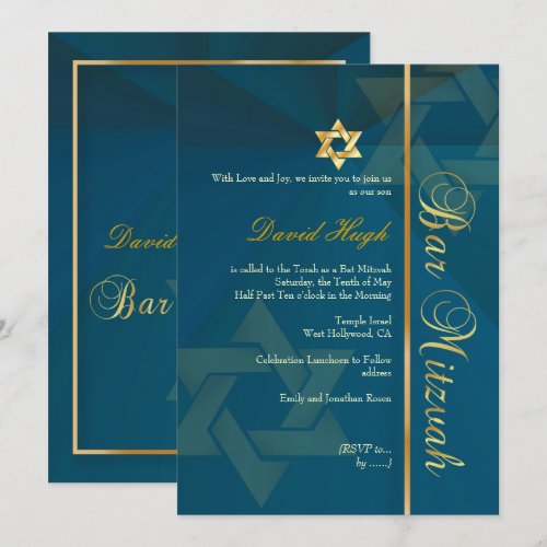 Classy Bar Mitzvah/teal blue/gold Custom Invitations