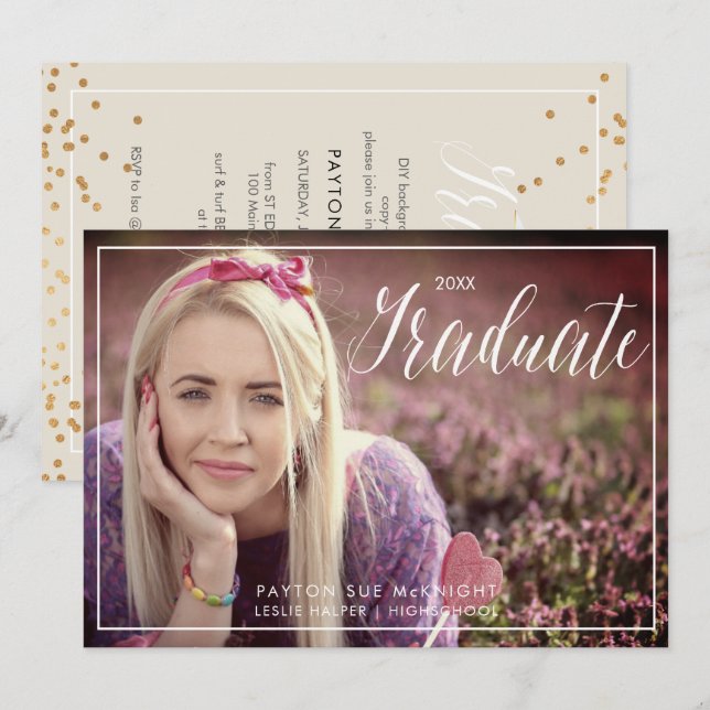 PixDezines Classy Faux Gold Confetti Graduation Invitation (Front/Back)