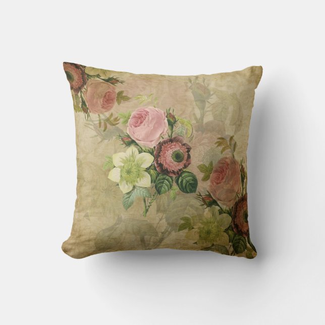 PixDezines collage vintage cottage roses, pink Throw Pillow (Front)