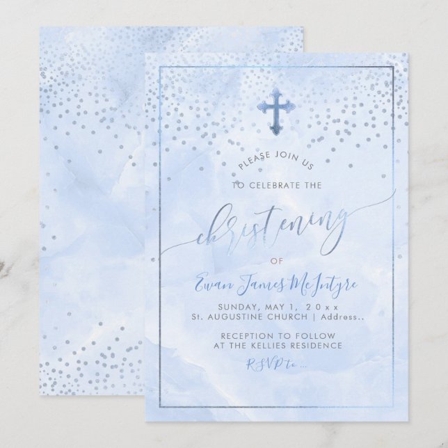 PixDezines Corn Flower Blue Marble Christening Invitation (Front/Back)
