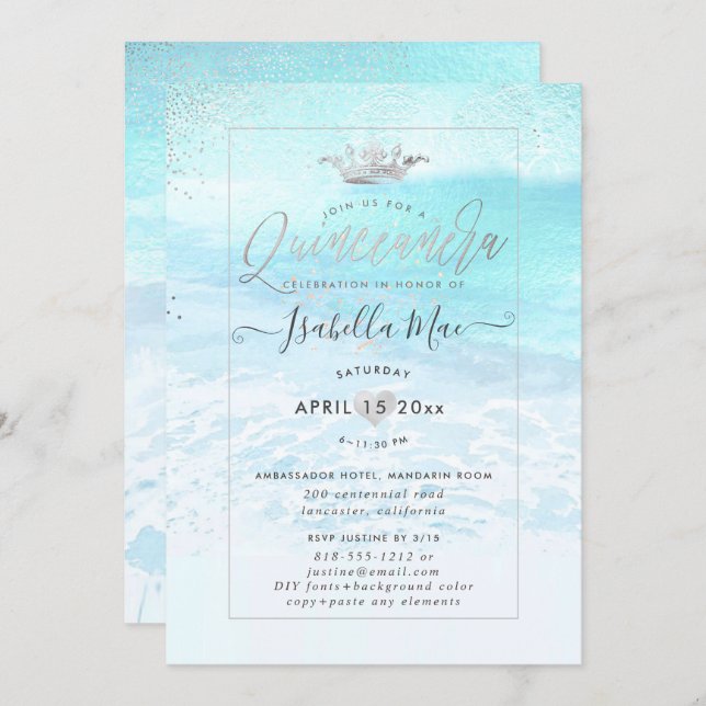 PixDezines Crystal Blue BeachShoreline Quinceanera Invitation (Front/Back)