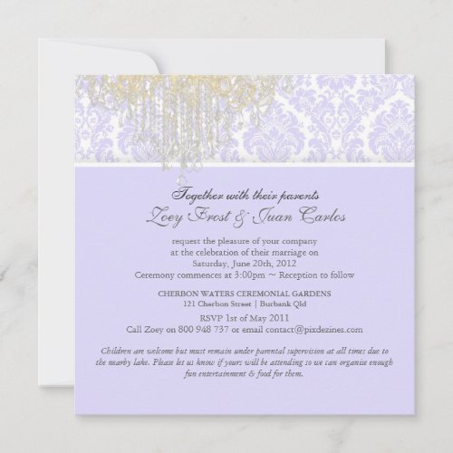 PixDezines Crystal Chandelier+Moiré Damask/purple Custom Invite
