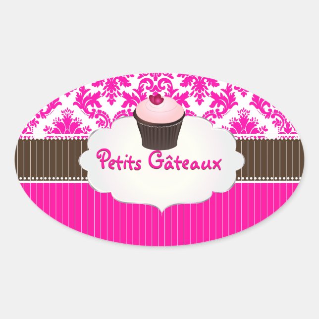 PixDezines cupcake+damask/DIY color Oval Sticker (Front)