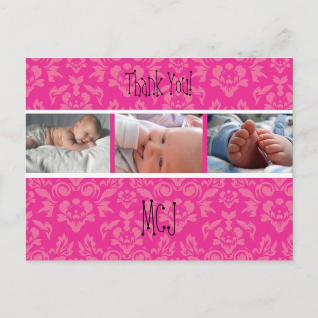 PixDezines Damask 12, Monogram thank you postcards (Front)