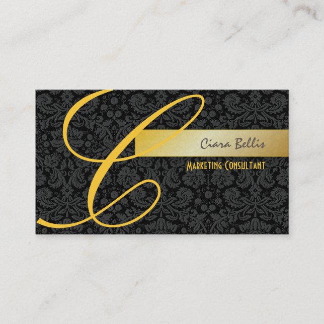PixDezines Damask Lace in black + gold Business Card (Front)