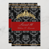PixDezines Damask Sweet 16/ tiara/black/red velvet Invitation (Front/Back)