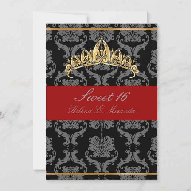 PixDezines Damask Sweet 16/ tiara/black/red velvet Invitation (Front)
