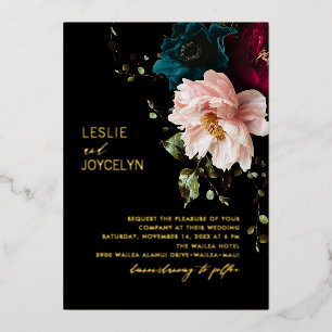 PixDezines Dark Moody Floral Arrangement Foil Invitation