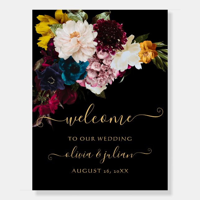 PixDezines Dark Moody Flowers Wedding Welcome Foam Board (Front)