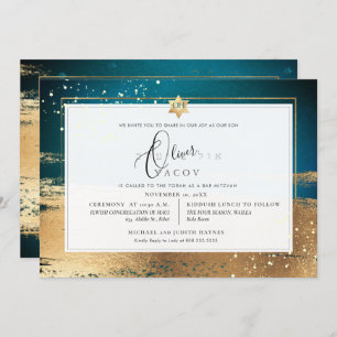 PixDezines DARK TEAL GOLD BRUSHSTROKE Mitzvah Invitation