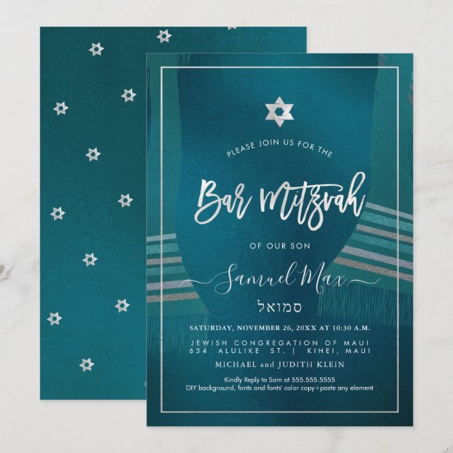 PixDezines Dark Teal+Platinum Talitz Bar Mitzvah Invitation (Front/Back)