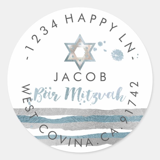 PixDezines dazzled/faux foil/silver/stripe/mitzvah Classic Round Sticker (Front)