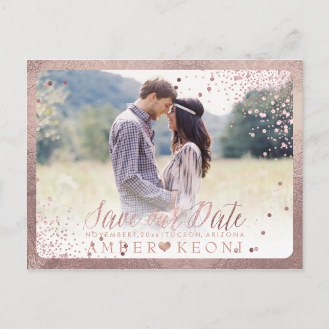 PixDezines Dazzled Faux Rose Gold Confetti Announcement Postcard (Front)