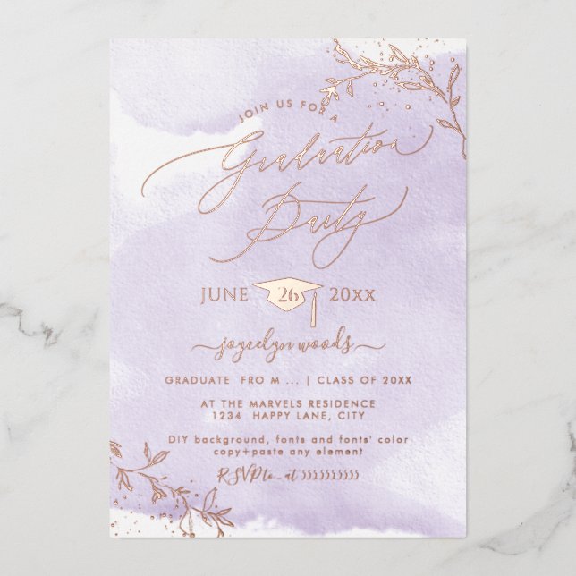 PixDezines Delicate Rose Gold Foliage Graduation F Foil Invitation (Front)