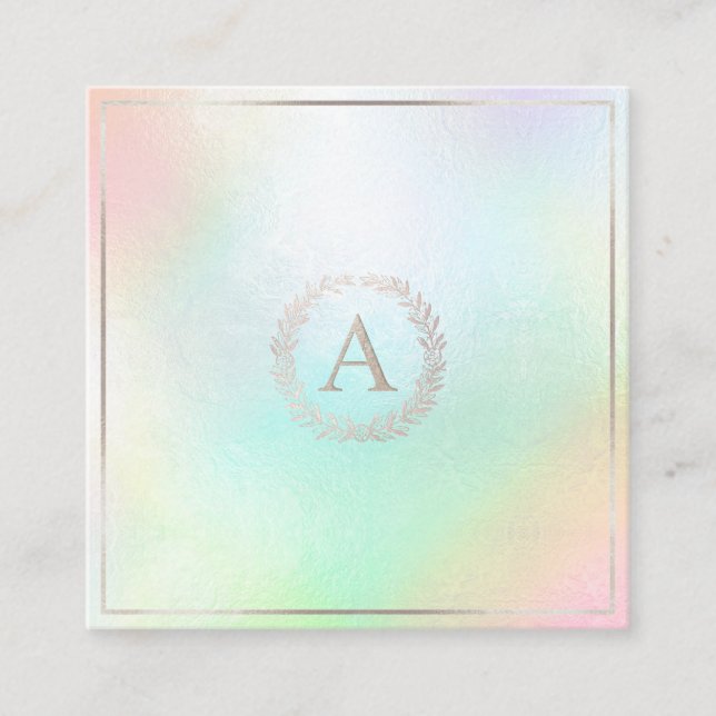 PixDezines DIY Faux Silver Monogram Holographic Square Business Card (Front)