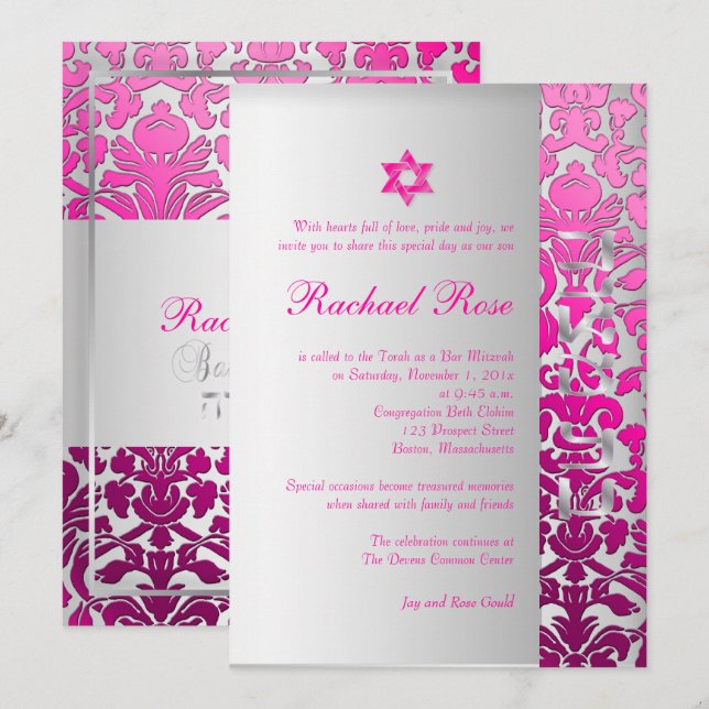 PixDezines DIY flora damask/Mitzvah/pink/silver Invitation (Front/Back)