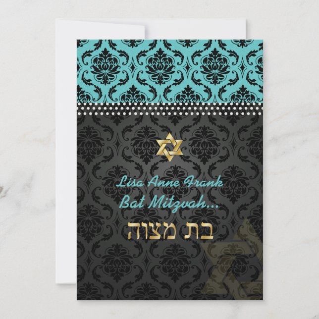 PixDezines DIY teal Vendome Damask, Bat Mitzvah Invitation (Front)
