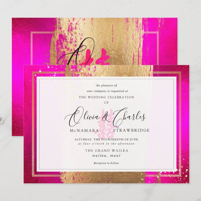 PixDezines Double Happiness, Faux Gold Hot Pink Invitation (Front/Back)