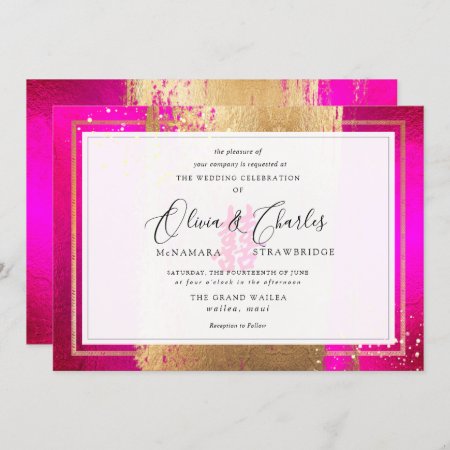 Pixdezines Double Happiness, Faux Gold Hot Pink Invitation