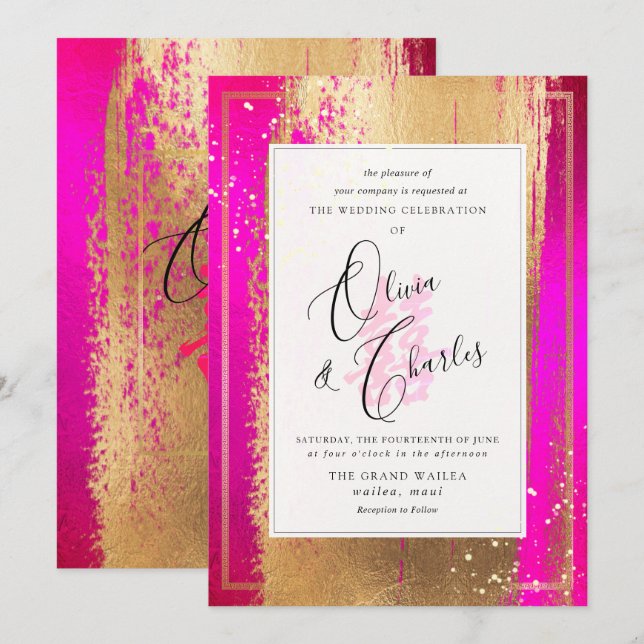 PixDezines Double Happiness, Faux Gold Hot Pink Invitation (Front/Back)