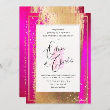 Pixdezines Double Happiness  Faux Gold Hot Pink Invitation by custom_stationery at Zazzle