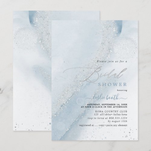 PixDezines Dusty Blue Alcohol+Ink Bridal Shower Invitation