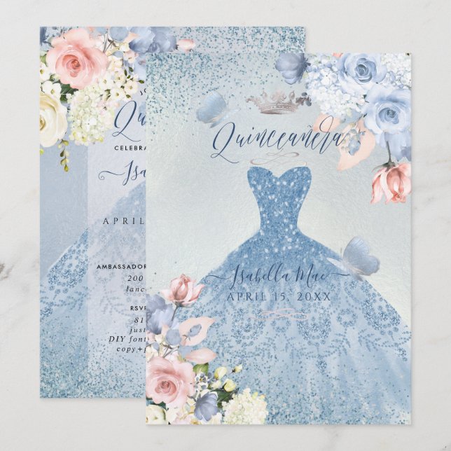 PixDezines Dusty Blue Blush Roses Quinceanera Invitation (Front/Back)