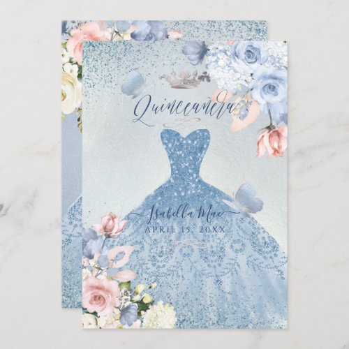 PixDezines Dusty Blue Blush Roses Quinceanera Invitation